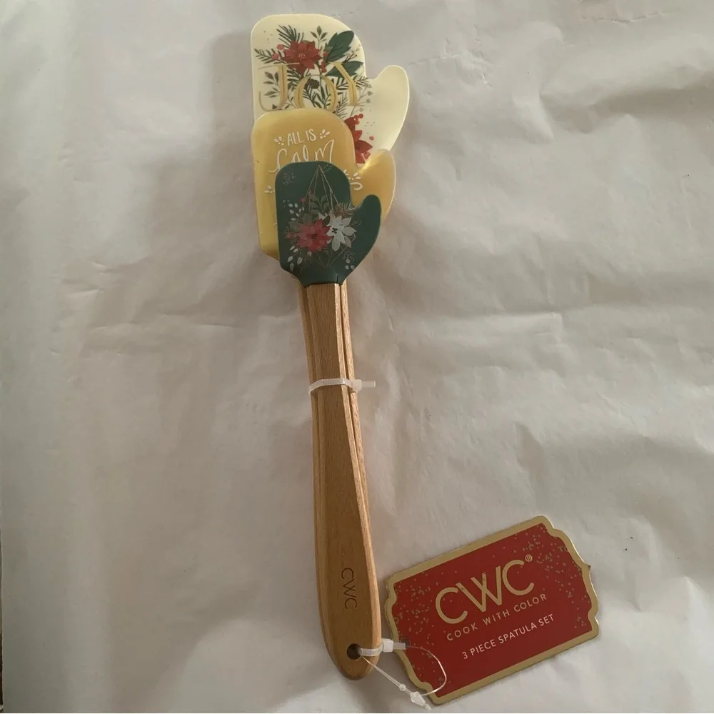 CWC Cook With Color 3 Piece Joy Merry Christmas Poinsettia Silicone Spatula Set